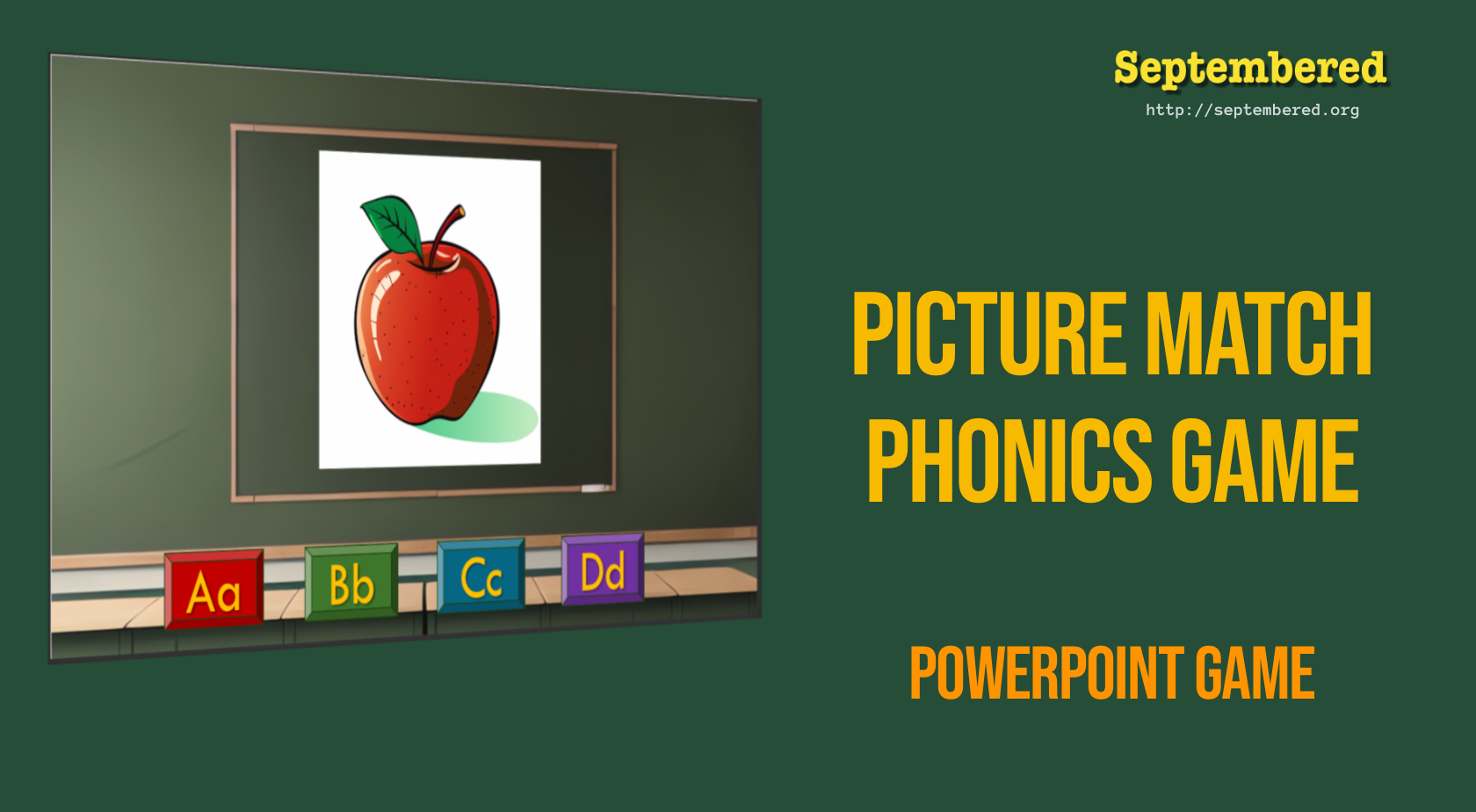 Slanted view of a presentation slide with an apple image at the center, four colorful buttons labeled Aa, Bb, Cc, Dd, and the title "Picture Match Phonics Game" with a subheading "PowerPoint Game" on the right.