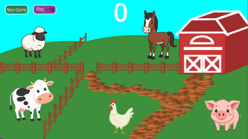 A cartoon farm scene with a cow, sheep, horse, pig, and chicken on green grass near a red barn, wooden fences, and a dirt path. "New Game," "Play," and a score of zero appear at the top.